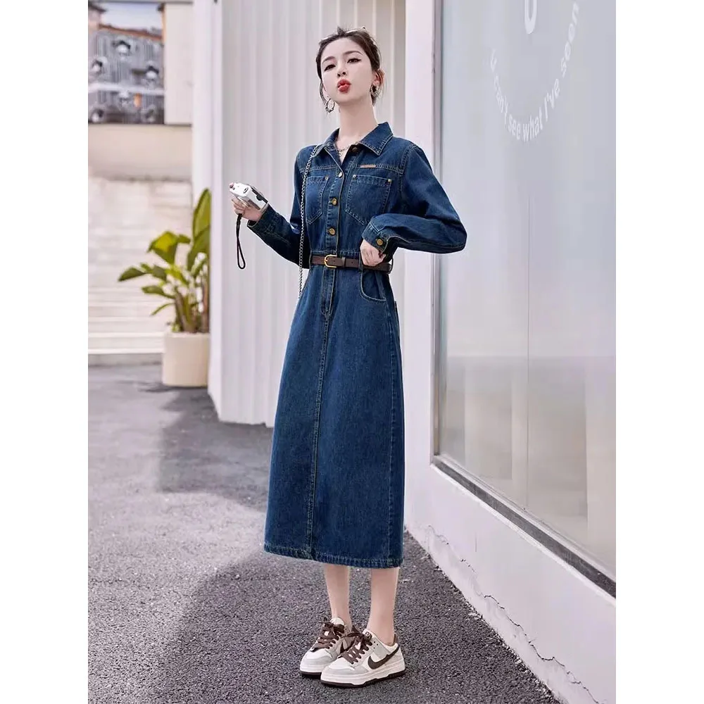 Women's Denim Dress 2023 Korean Spring Autumn 3/4 Sleeve Mid