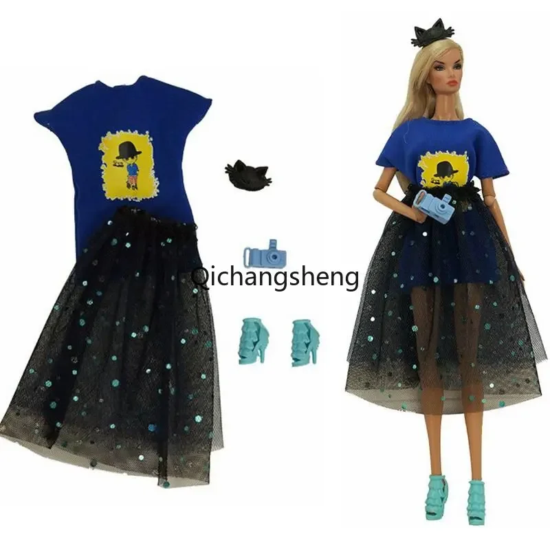 Fashion 1/6 Doll Clothes For Barbie Outfits Set Blue Shirt Black Sequin Skirt For Barbie Clothing Shoes Headwear Accessory 11.5