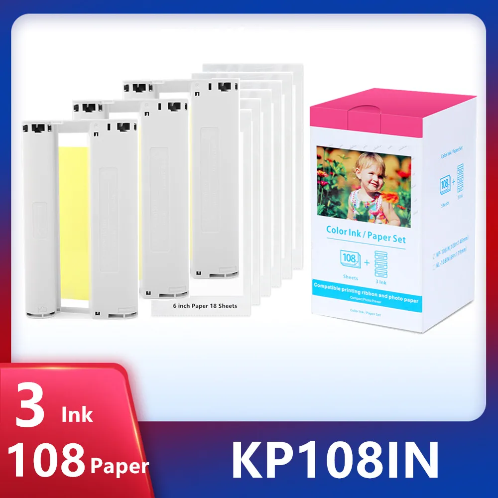 

6 Inch For Canon Selphy Color Ink Paper Set Compact Photo Printer CP1200 CP1300 CP910 CP900 3pcs Ink Cartridge KP 108IN KP-36IN