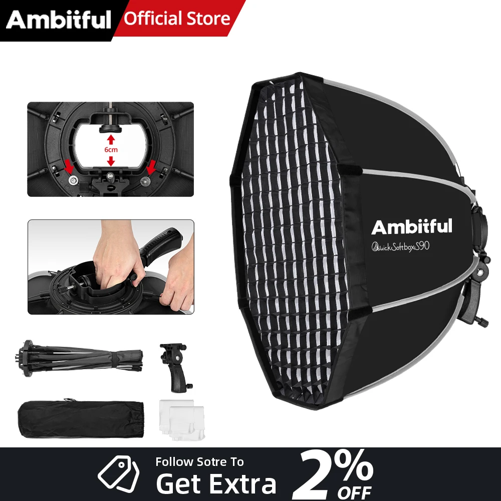 AMBITFUL 90cm 퀵 릴리즈 옥타곤 소프트박스 허니컴 그리드 아웃도어 소프트 박스 보웬스 마운트 또는 플래시 브래킷 (스튜디오 플래시용)