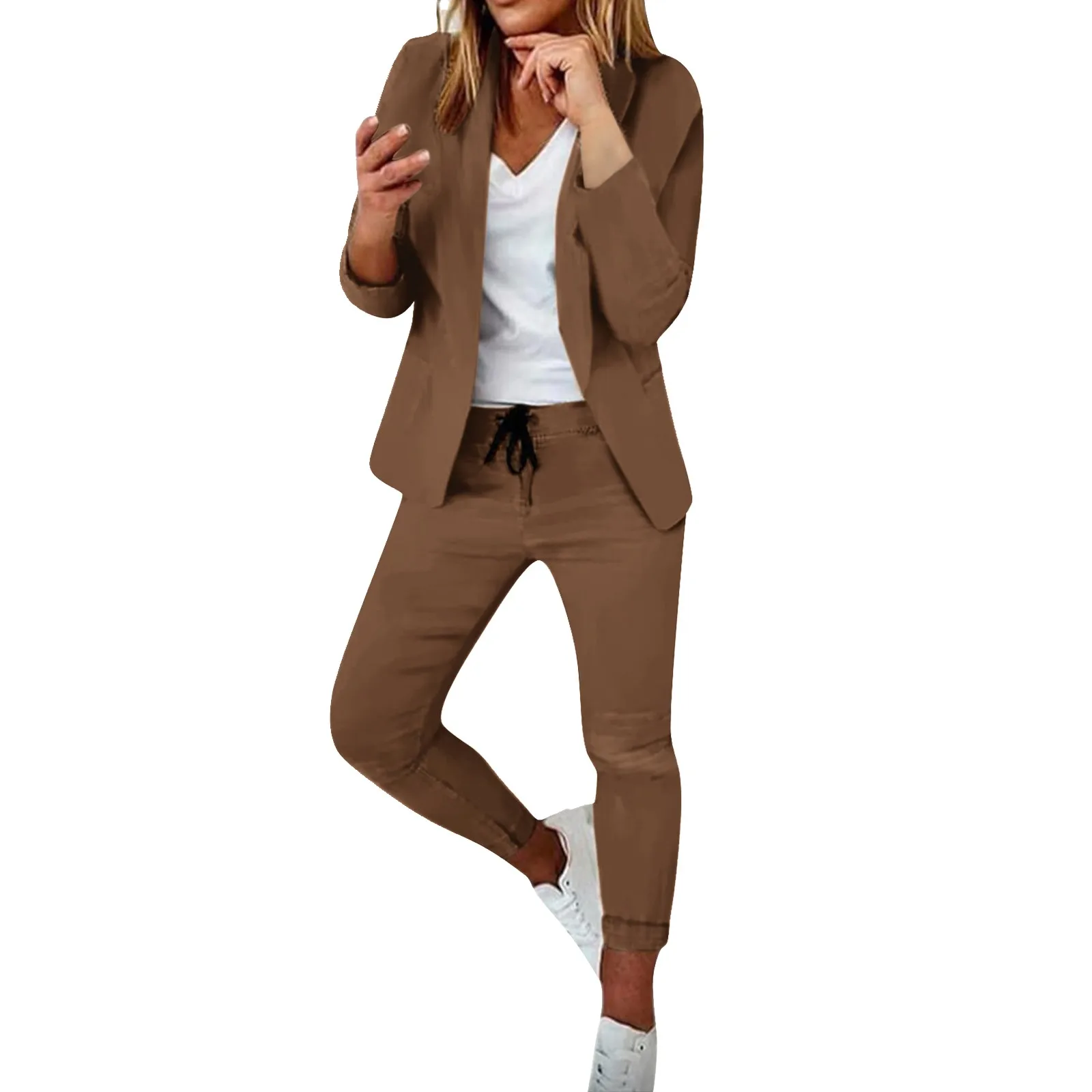 Women's Office Suit Two Piece Lapels Business Suit Set Summer Long Sleeve Draw String Jacket Pant Set Elegant Pocket Tracksuit