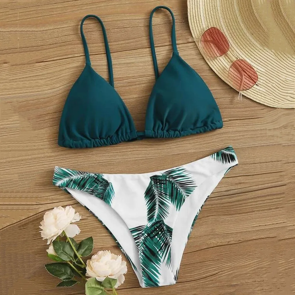 

Bikini Padded Beachwear Print Leaf Swimsuit Swimwear Push-Up Bikini Set Women Swimwears Tankinis Girls Swim Beach Mini Thong