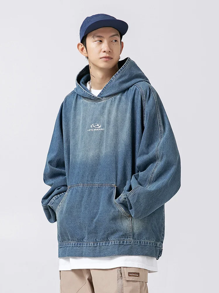 Vintage Denim Hoodie Loose Pullover Black Hooded Women's Denim Jacket Mens Harajuku Oversized Hip Hop Streetwear Y2K Clothing