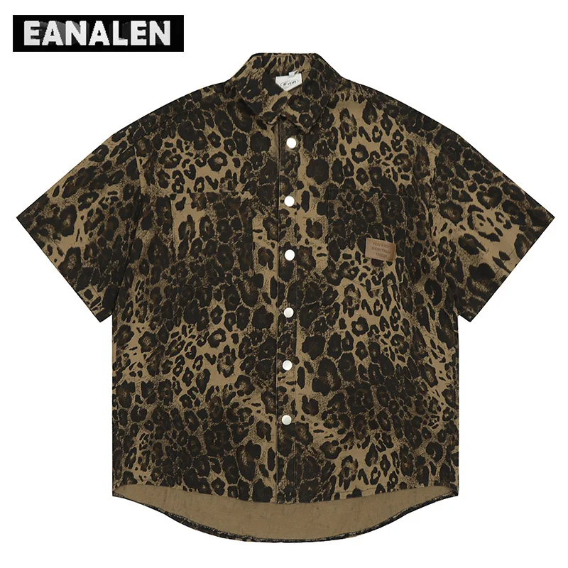 

Harajuku Retro Leopard Short Sleeve Shirt Men's Street Costume Oversized Rock Punk Korean-Style Gothic School Button-Up Shirt