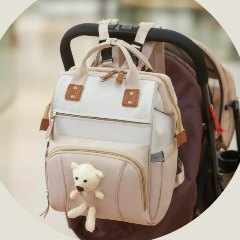 Cute Bear Multifunctional Backpack Double Shoulder Diaper Bag Baby Stroller Bag Large Capacity Travel Bag for New Parents - 2
