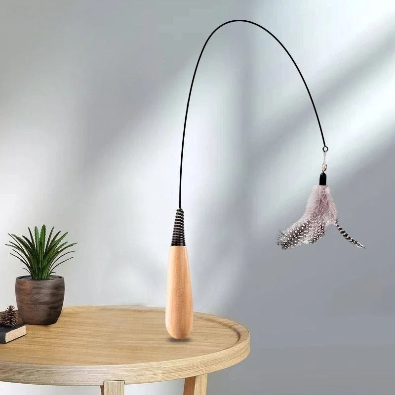 Spring Teasing Cat Stick Wooden Handle Cat Teaser Stick Toy Feather Funny Simulation Fishing Rod Bell Squeaky Toy