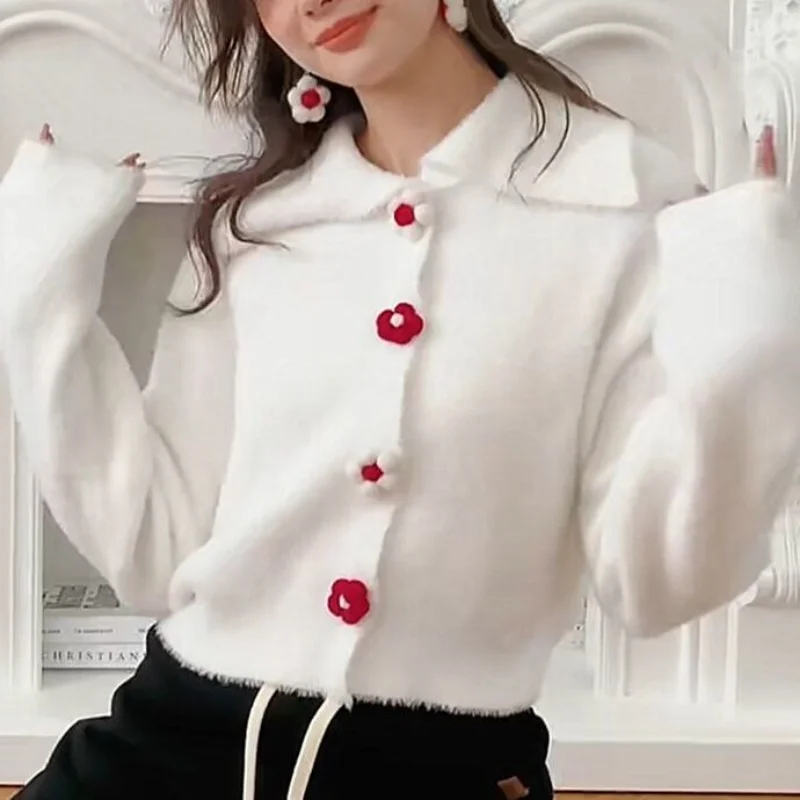 

Кардиган, Свитер, имитация цветов, вязанный Топ для женщин, весна и осень, красивый свитер с лацканами, вязаный кардиган для женщин