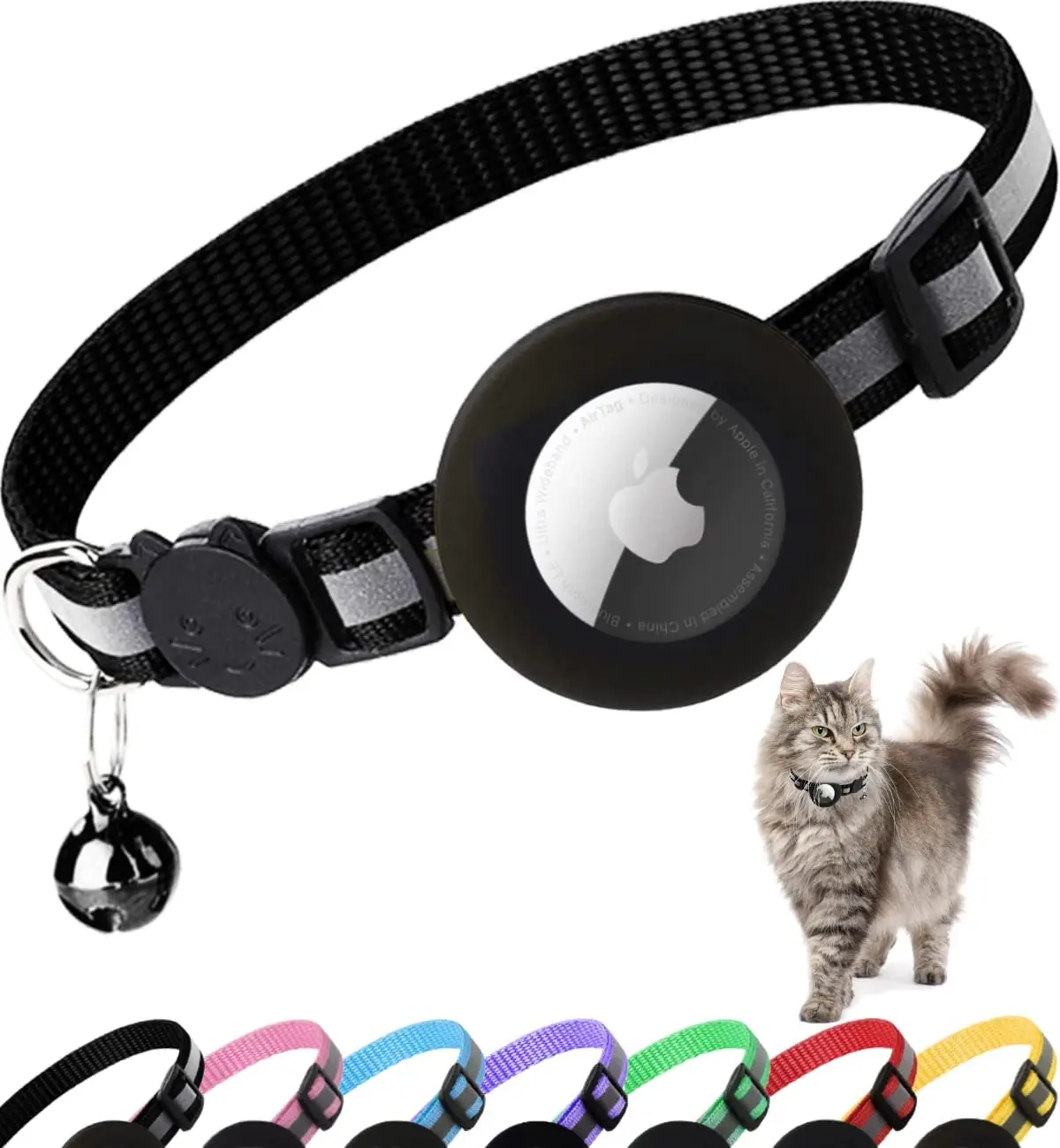  WAPSAT Airtag - Collar de gato con campanas, collar reflectante  GPS para gato, collar de rastreador de gatos antipérdida, collar de cuero  ajustable para gatos macho, niña, gatos o perros pequeños, 