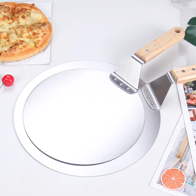 10/12inch Pizza Shovel Pastry Tools Stainless Steel Wooden Handle Peel Round Anti-scalding Pan Bakeware Maker With Clip