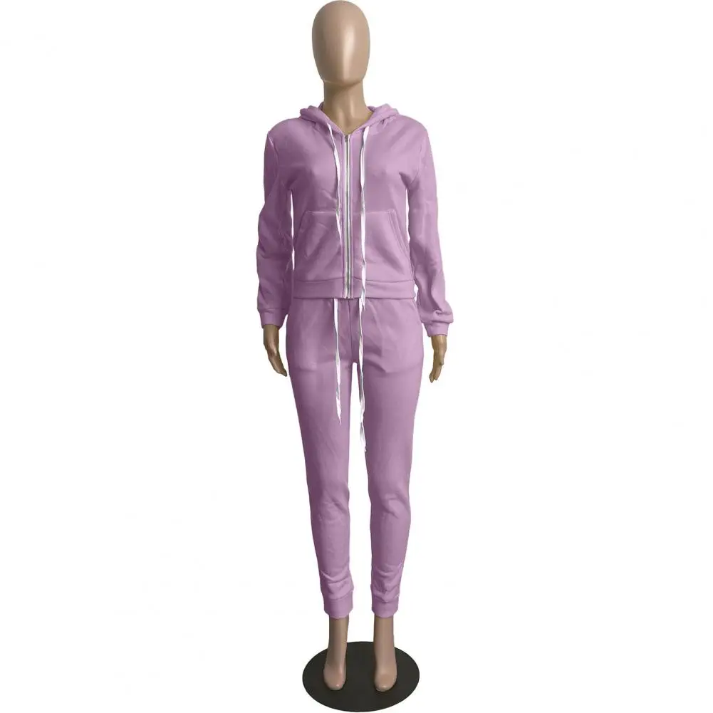 

2Pcs/Set Simple Women Tracksuit Pockets Ankle Length Sport Outfit Women Hooded Skinny Fit Casual Tracksuit