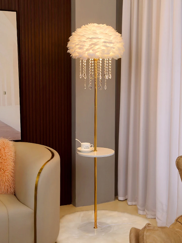 

Feather Floor Lamp Crystal Storage Coffee Table Living Room Bedroom Bedside Sofa Light Luxury Nordic Cream Style Vertical Lamp