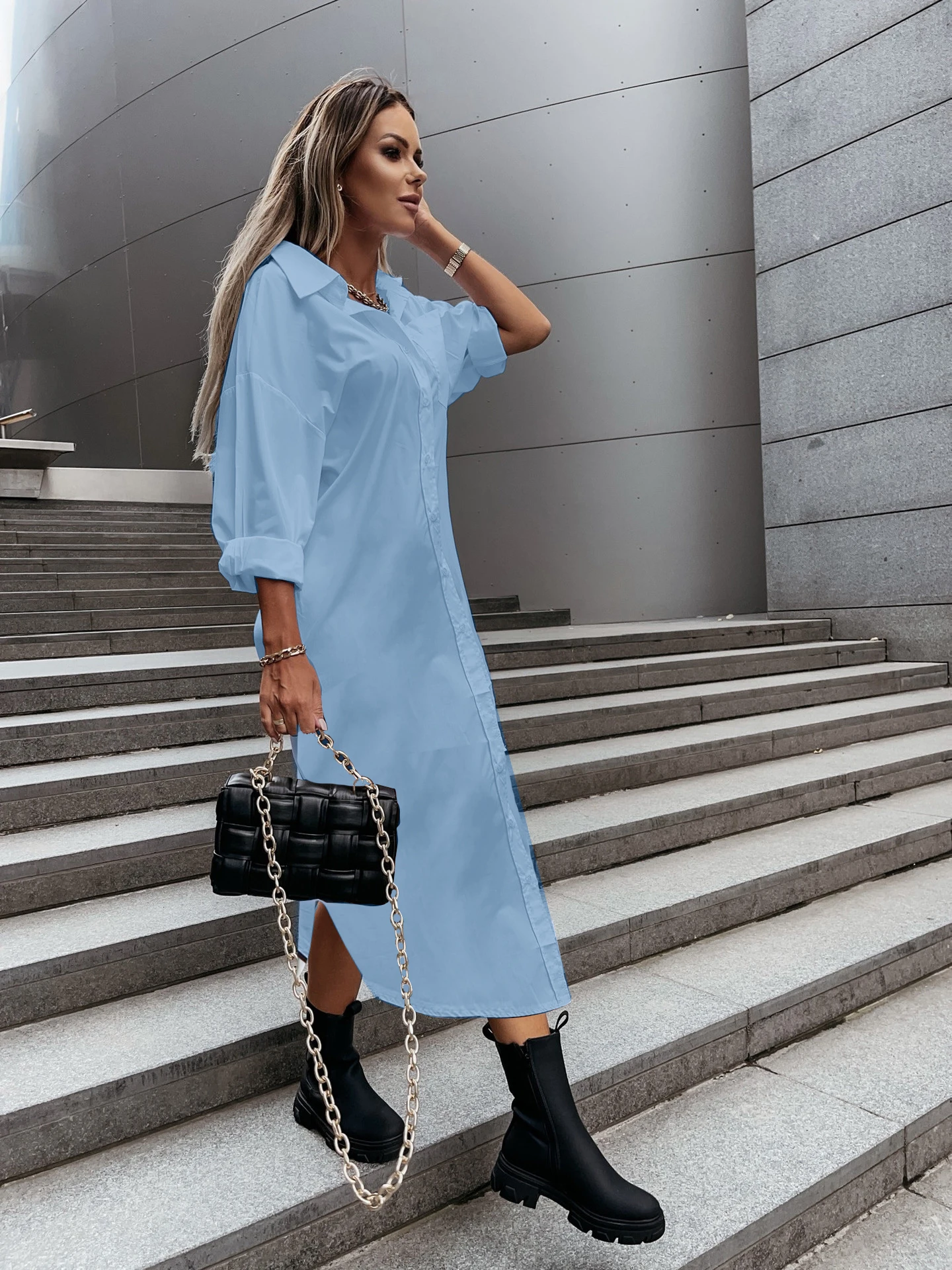 Women's Long Sleeve Shirt Dress with Turn-Down Collar and Button Front - Casual Chic Midi Dress for Spring/Summer