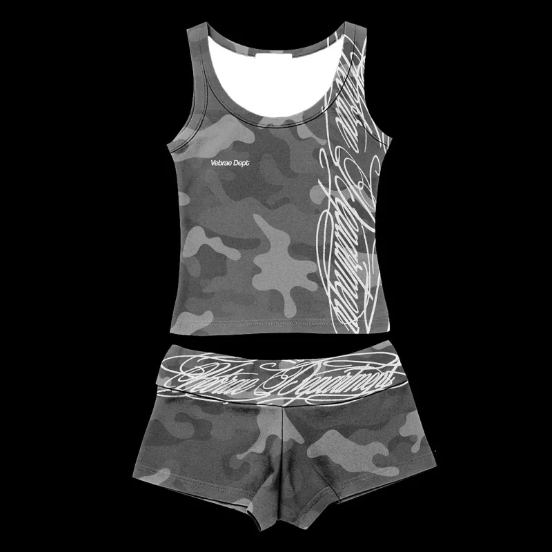 Amerikanisches Retro Harajuku Ästhetik Slim Spicy Girl Shorts-Set Y2K Streetwear Klassische Ärmellose U-Ausschnitt Bedruckte Damen-Weste – Detail 26