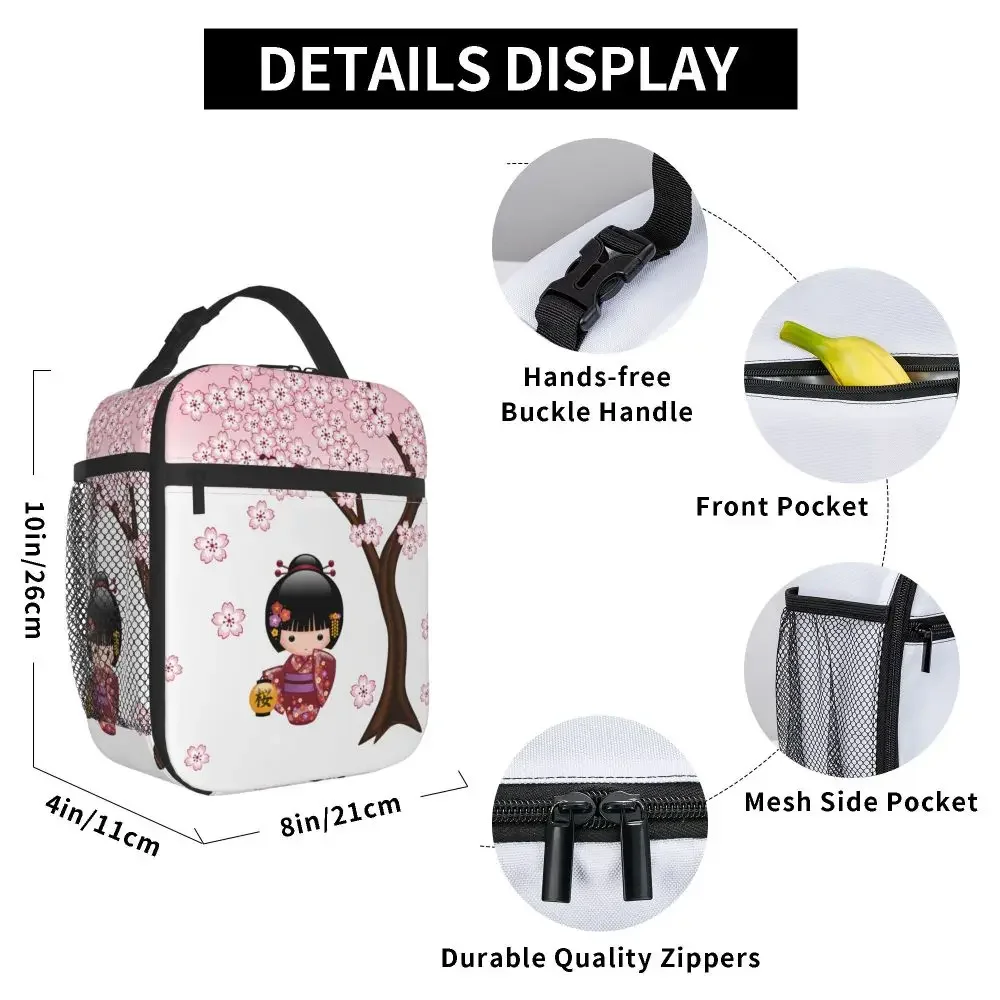 Kokeshi Doll Red Black White Cherry Blossoms Insulated Lunch Bag Japanese Girl Art Food Box Cooler Thermal Lunch Box School