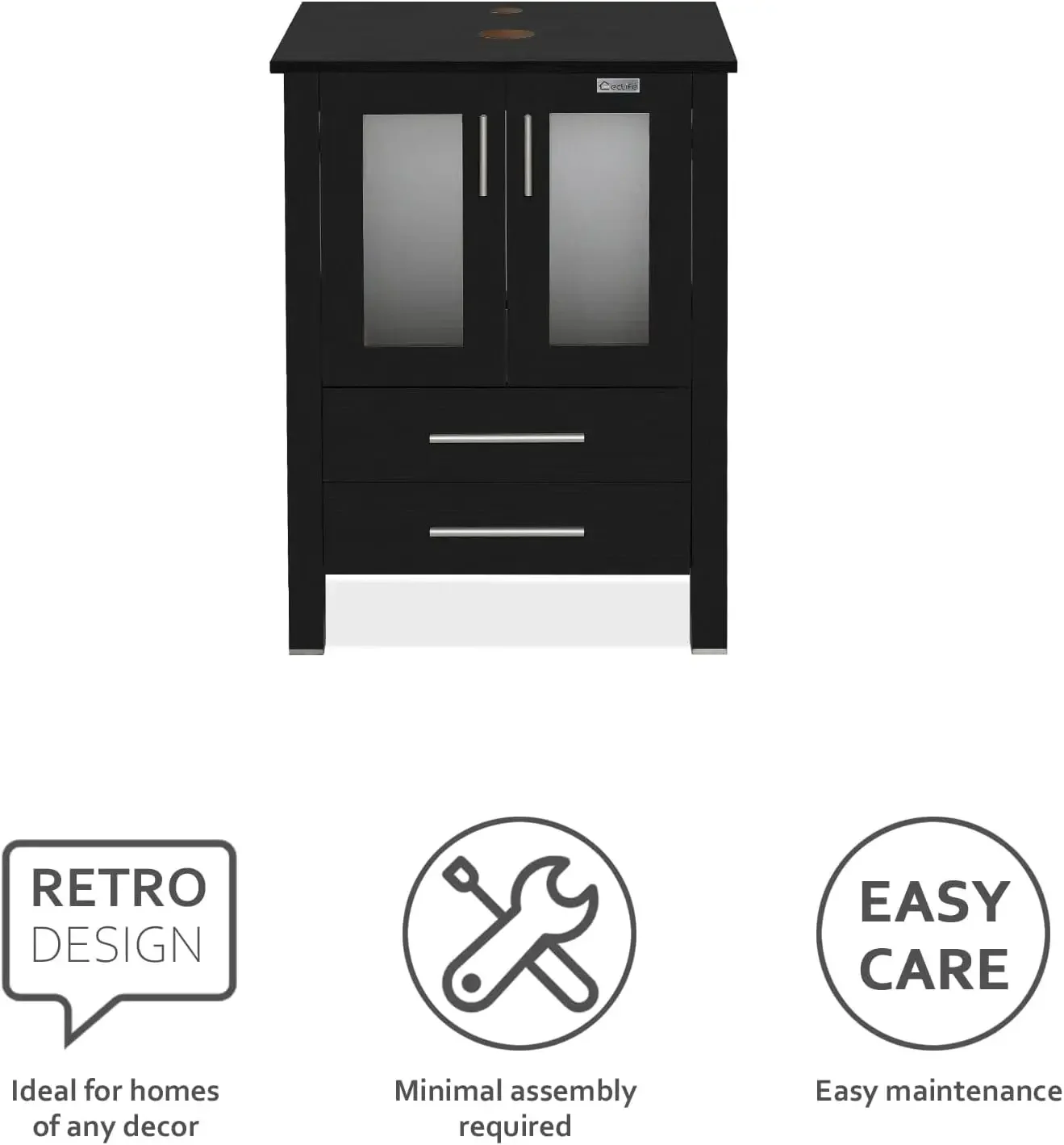 24" Modern Bathroom Vanity Sink Combo Black Stand Cabinet with Blue Boat Tempered Glass Vessel Sink & Water Save Faucet 5