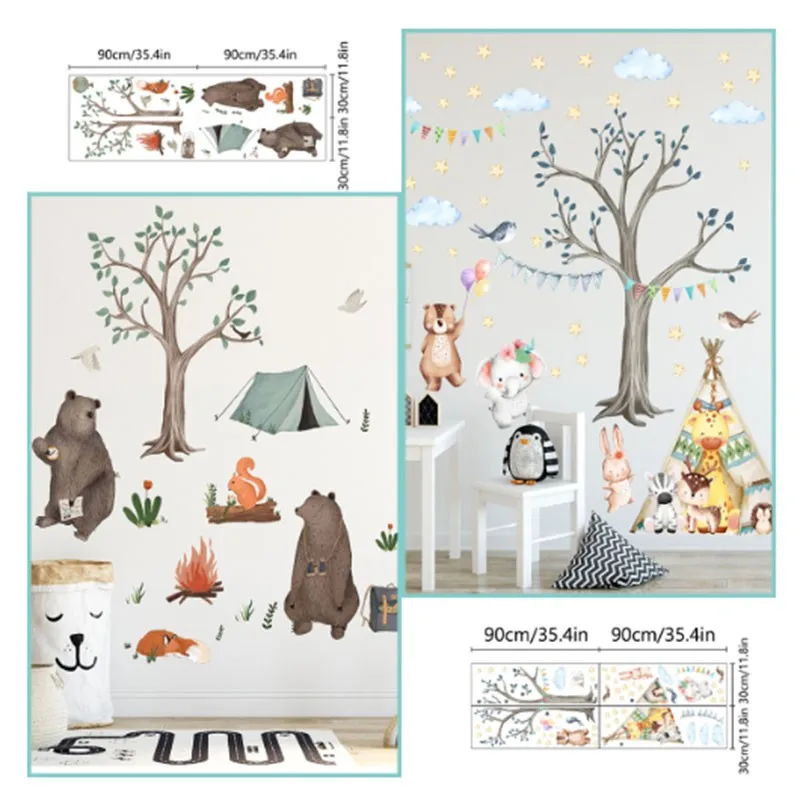 4pcs Hand Painted Tree And Bear Forest Animal Cartoon Wall Sticker Background Wall Decoration Self-adhesive Mural Wall Sticker