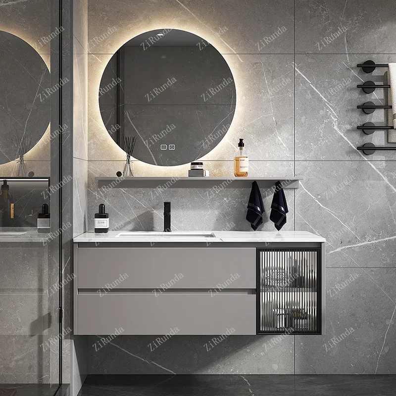 ~Light Luxury Bathroom Cabinet Bathroom Table Wash Basin Cabinet Combination Simple Modern Smart round Mirror