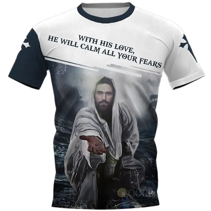 Camiseta 3D de Cristo Jesus estampada masculina, roupa Harajuku Street, oração grande, blusa de manga curta, vintage, secagem rápida, unissex, verão 13 Sad84b460ce1a4ddd836b1742e52bd2702