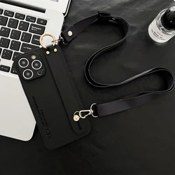 Luxury Litchi Leather Crossbody Phone Case with Wrist Strap and Stand Feature - iPhone 13 Pro Max (Black)