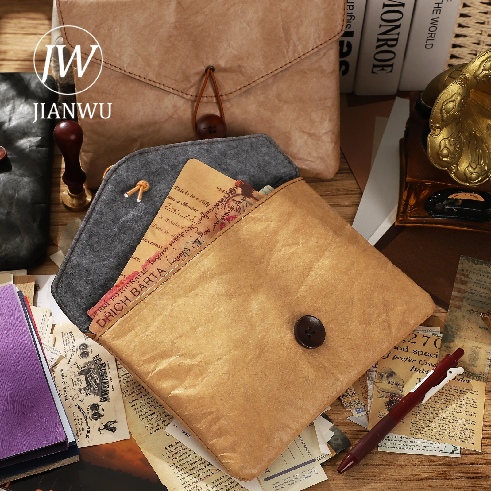 JIANWU Vintage Thin Dupont Paper Waterproof Large Capacity Soft Storage Bag Creative DIY Journal Student Supplies Stationery 2