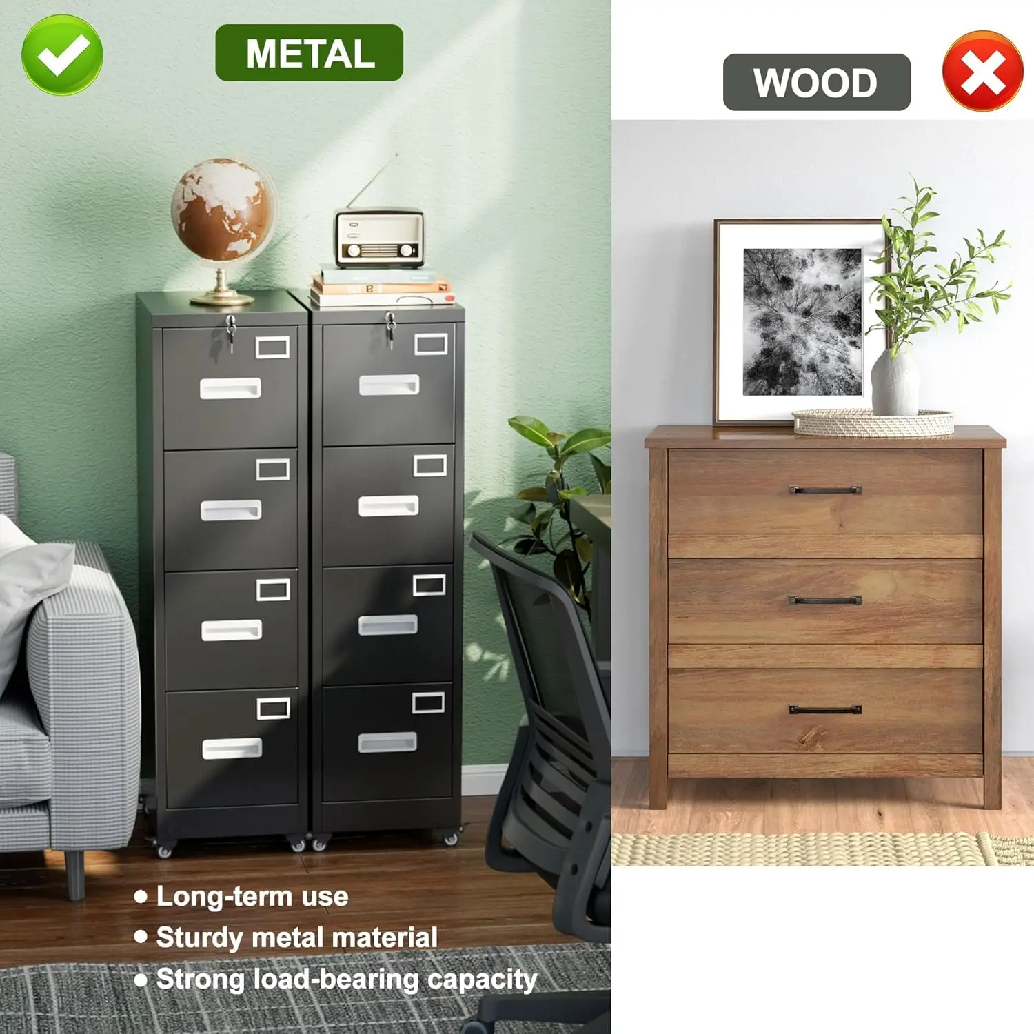 File Cabinet 4 Drawer with Wheels,Lockable Office Metal Filing Cabinet with Name Card for Office and Home,Assembly Required,