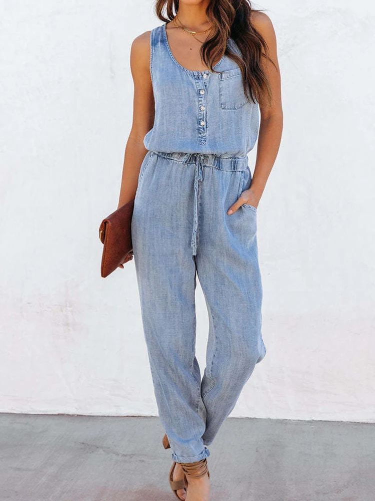 

LY VAREY LIN New Summer Women Vintage Sleeveless Denim Jumpsuits Lady Fashion High Waist Lace-up Wide Leg Jumpsuit