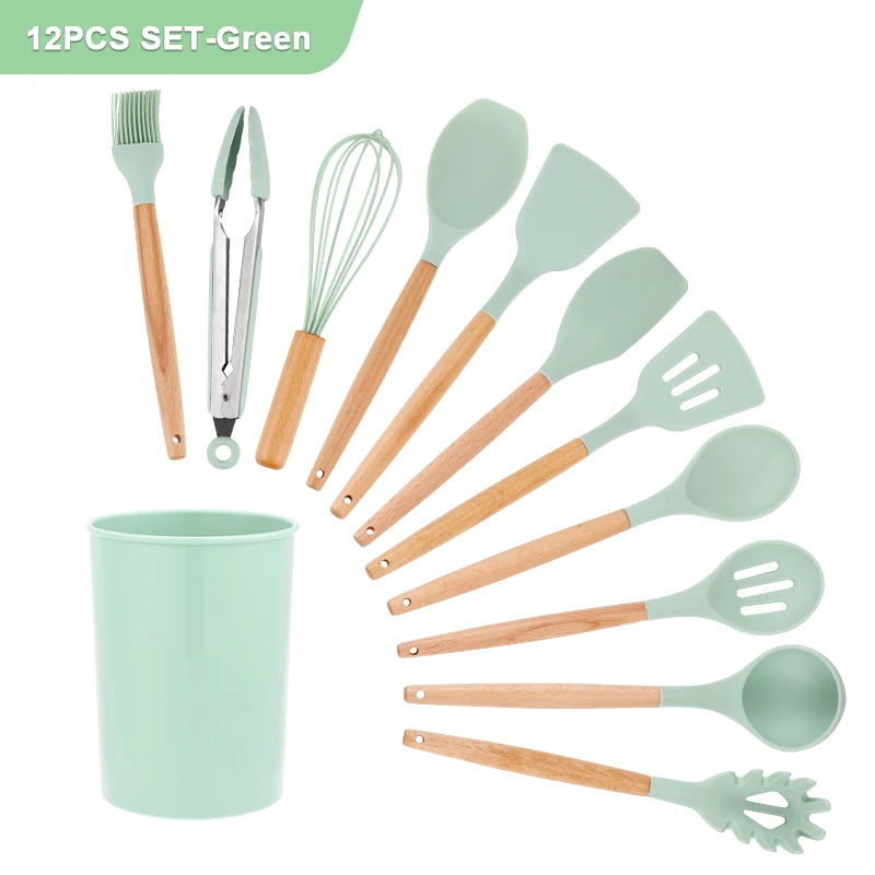 Silicone Kitchen Utensils Set Non-Stick Cookware for Kitchen Wooden Handle Spatula Egg Beaters Kitchenware Accessories 12PCS kitchen utensils