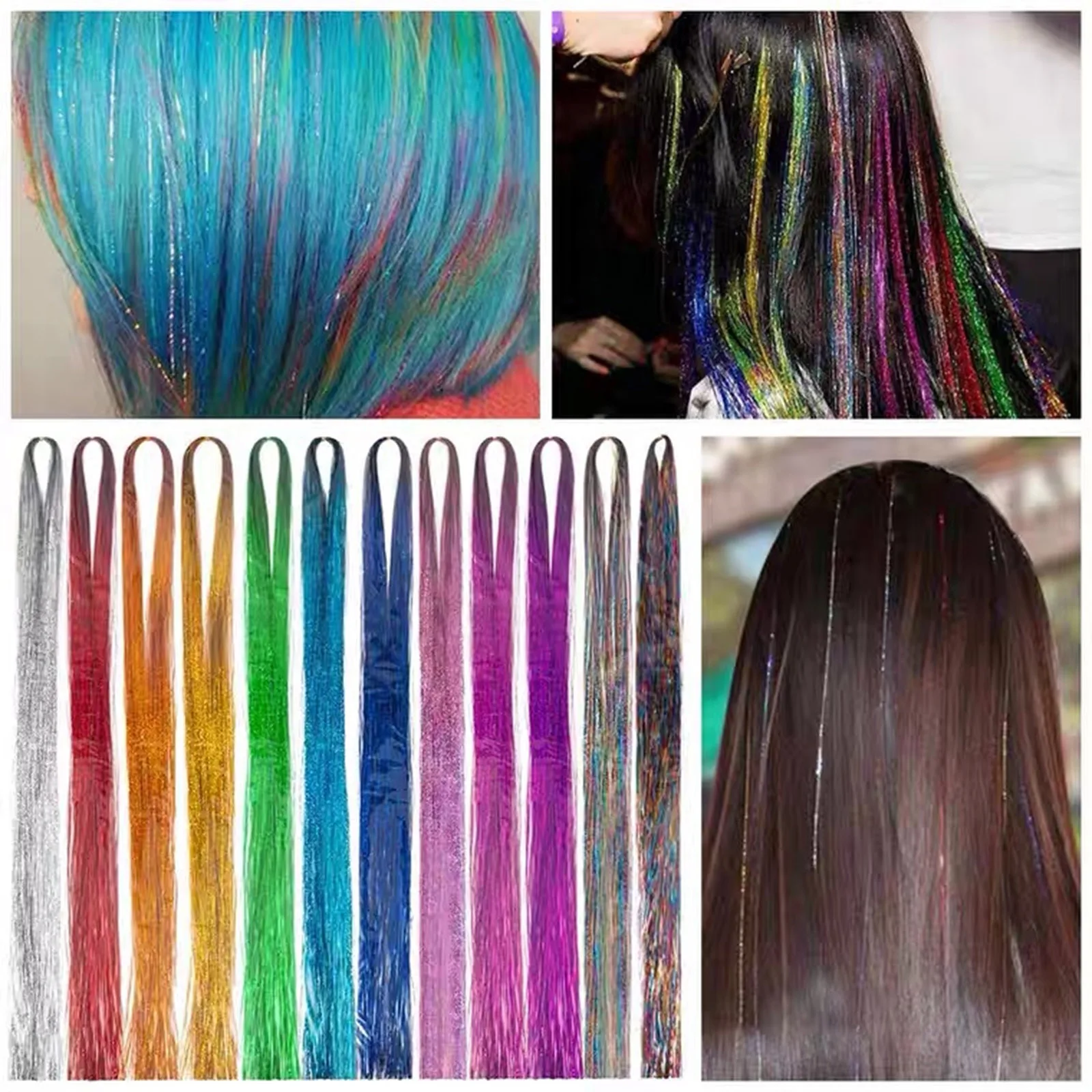 Tinsel Hair 47 Inches Hair Extension Kit and Tool 12 Mixed Colors Tinsel Glitter Hair Extension for Women Girls Hair Accessories