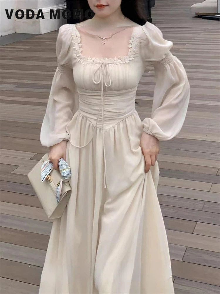 

Women Square Neck Evening Party Prom Robe Female Vestidos Mujer French Elegant Lantern Sleeve Lace Up Midi Dress Spring Summer