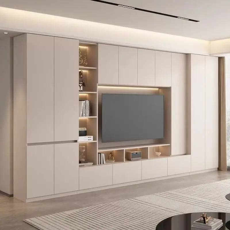 European Modern Luxury TV Cabinet For Home Wall-Mounted MDF With Glass Wooden Living Room Storage TV Stand For Bedroom