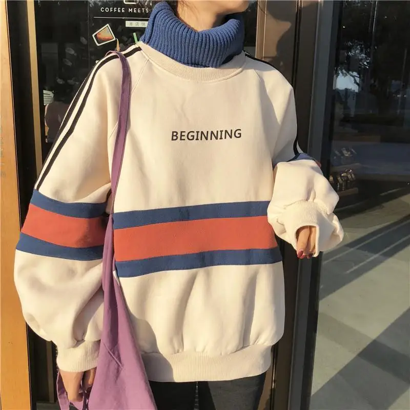 Cool Hoodie Women Turtleneck Warm Harajuku Printed Pullover Women Oversize Patchwork Leisure Chic Sweatshirt 2023 New