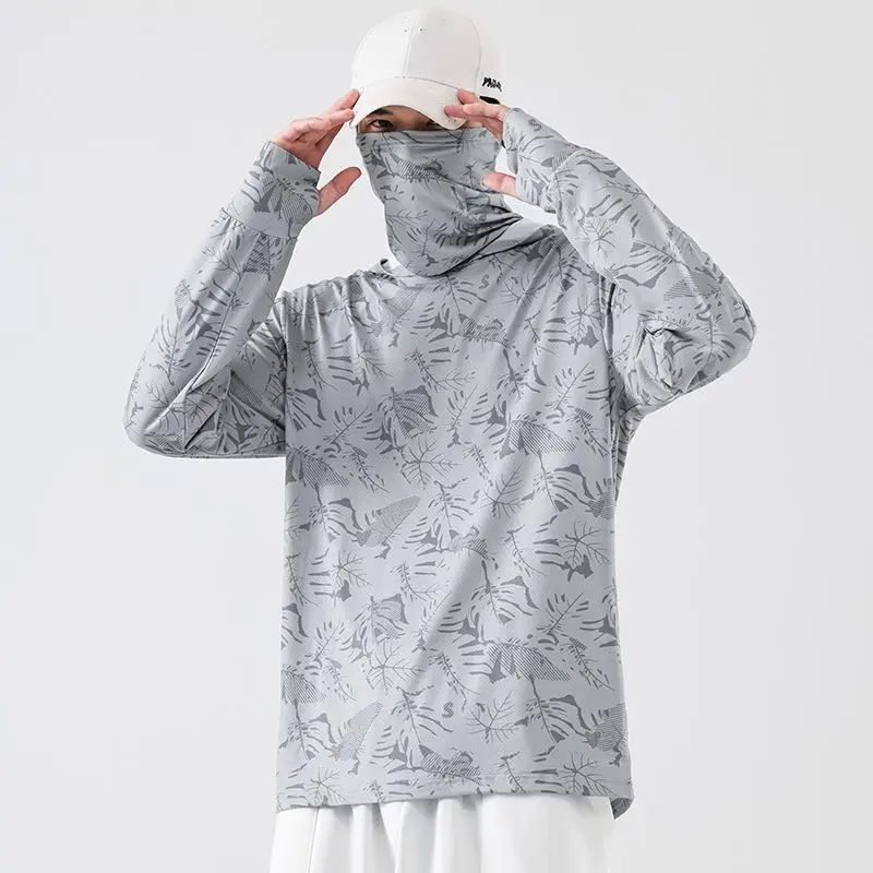 Sonnenschutz-T-Shirts für Herren, Langarm, UV-Schutz, T-Shirts zum Angeln, Wandern, Sommer, mit Maske, leichter Outdoor-Schutz-Hoodie-Tee