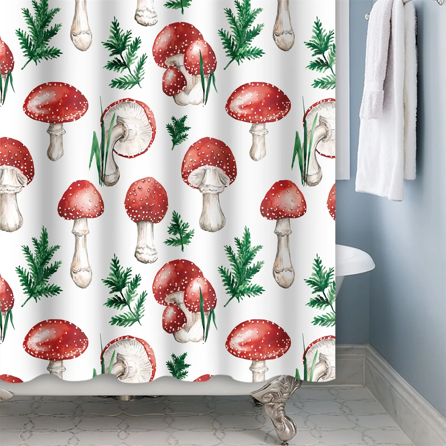 Mushroom Shower Curtain Mushrooms Boho Botanical Wildflowers Green
