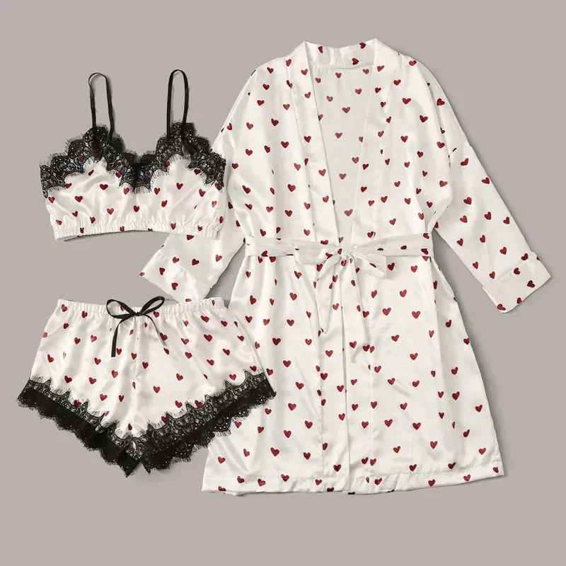 Women Pajamas Set 3Pcs/2Pcs Satin Ice Silk Heart Print Lace Sleeping Skirt Seamless Homewear Pajama Shorts Set Sleepwear women pajamas set,women pajama suit