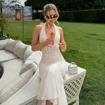 American Autumn Halter Maxi Dress Backless V Neck Solid Color Seaside Vacation Ins Style Fashion Daily Dress 1