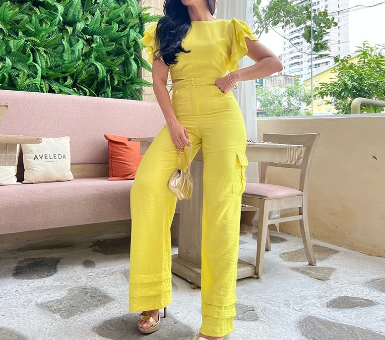 Women's High Waist Wide Leg Workwear Pants Casual Set Princess Sleeve Top and Pockets Design Fresh and Sweet New Summer 2023