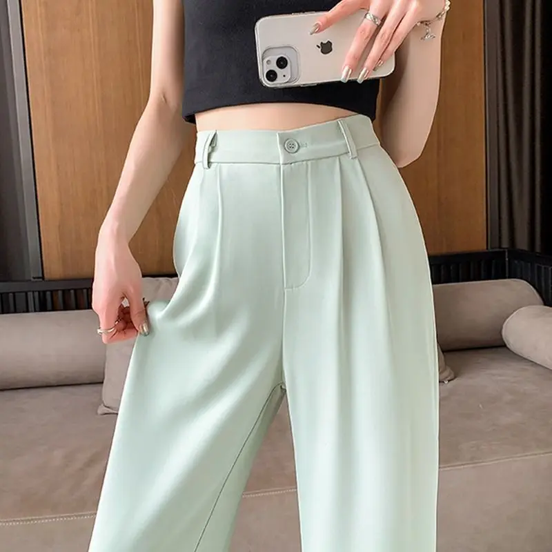 

2024 Women Spring Solid Trousers Suits High Waisted Pant Fashion Office Lady Beige Elegant Casual Famale Stright Pants W210