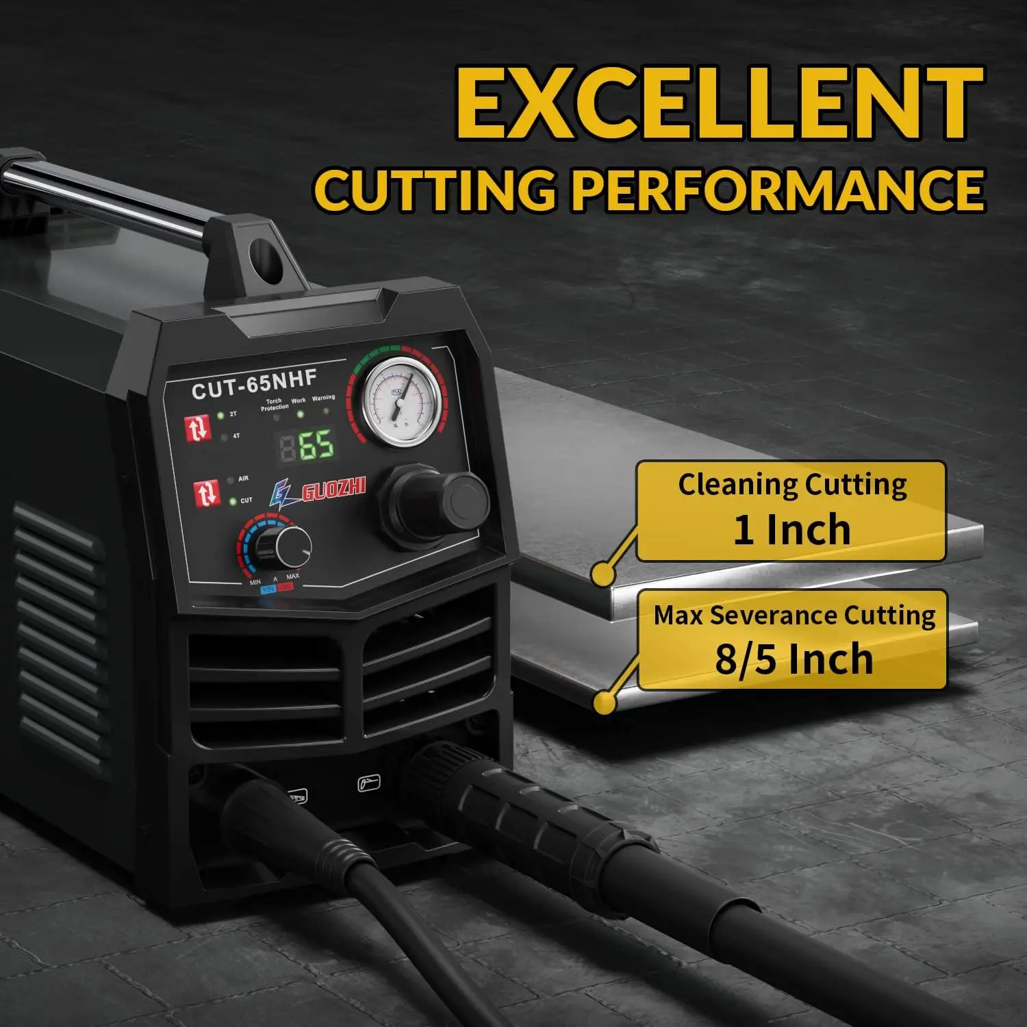 Plasma Cutter, 65 Amp Non-HF Non-Touch Pilot Arc, THC Torch Height Control Enabled 1" Clean Cut,