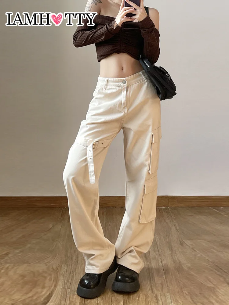 

IAMHOTTY Grunge y2k Streetwear Baggy Jeans Wide Leg Adjustable Buckle Pockets Harajuku Denim Cargo Pants Chic Vintage Trousers