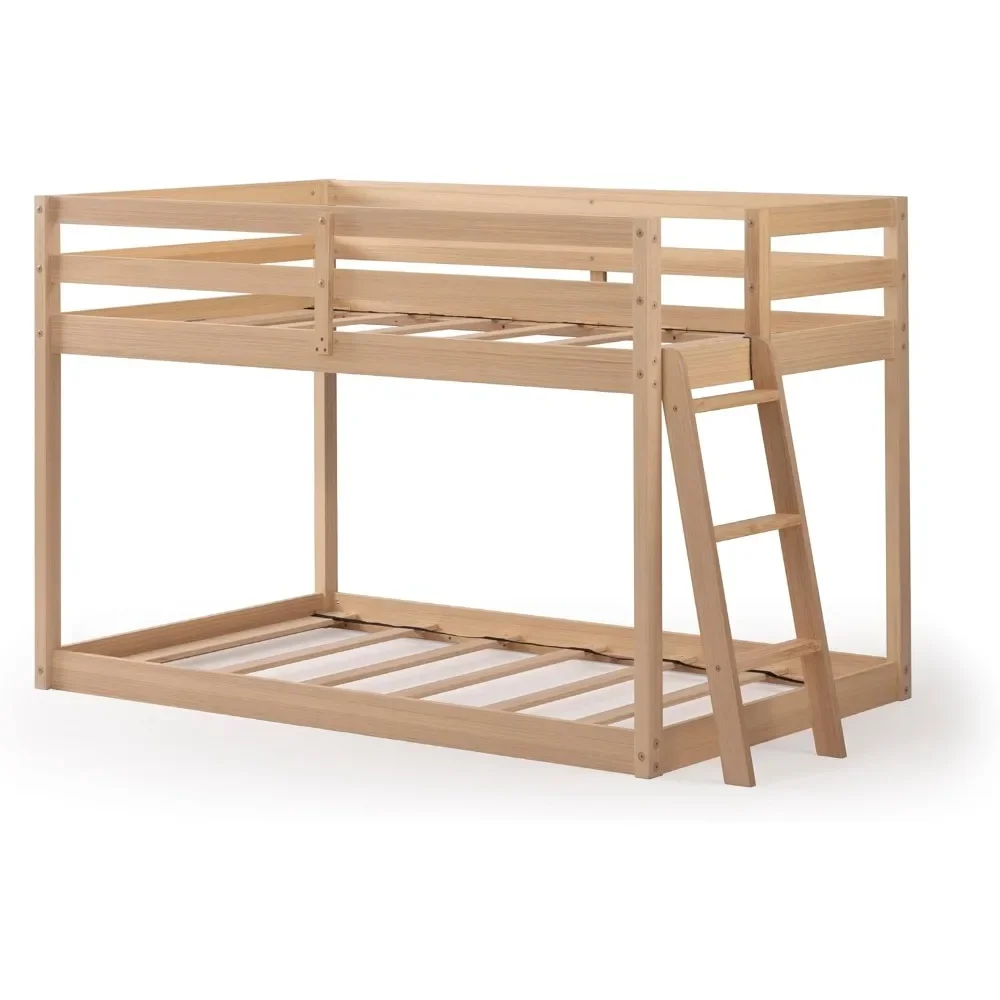 NEW-Grain & Grove Bear Twin Over Twin Bunk Bed, Low Bunk Bed Frame for Kids, Bunk with Ladder, Guardrail and Slats, No Box Sprin