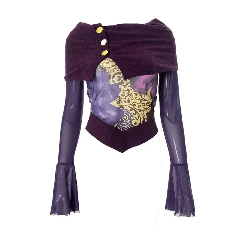 Description Picture 2 of itemLong Sleeve Shirts For Women Fashion Patchwork Streetwear Casual Flare Sleeve Y2k Top Creativity Skew Collar Women Clothing