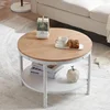 25.6" Natural White Round Farmhouse Coffee Table, 2-Tier Storage Wood Center Circle Accent Table for Living Room 4