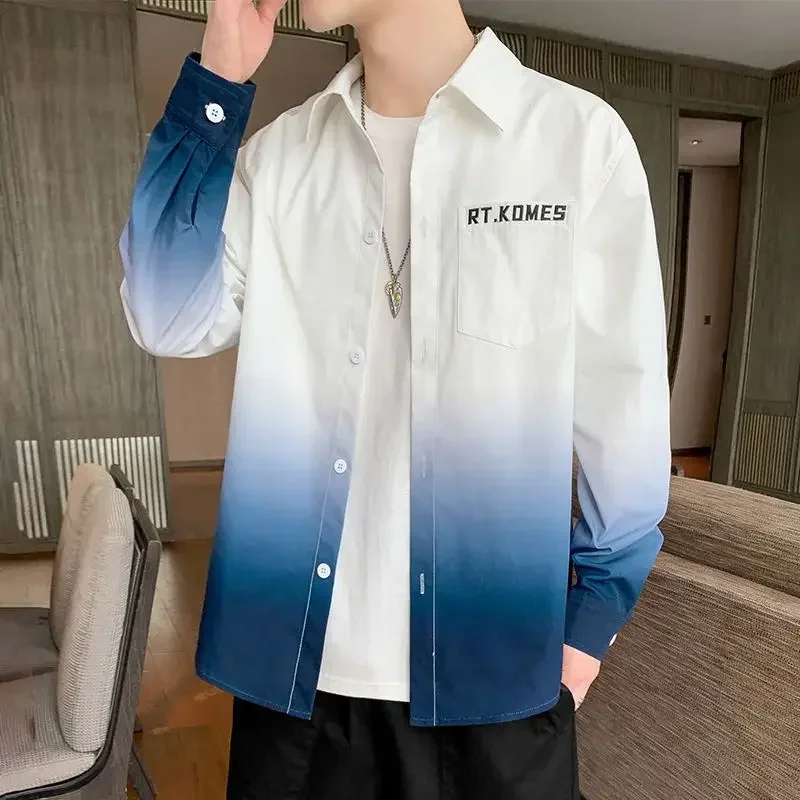 thumbnail image 1 of Camisas masculinas con bolsillo Camisa de hombre de gran tamaño Cuello verde degradado Estilo coreano normal fresco Ropa popular Original Social Xxl, 1 of 4