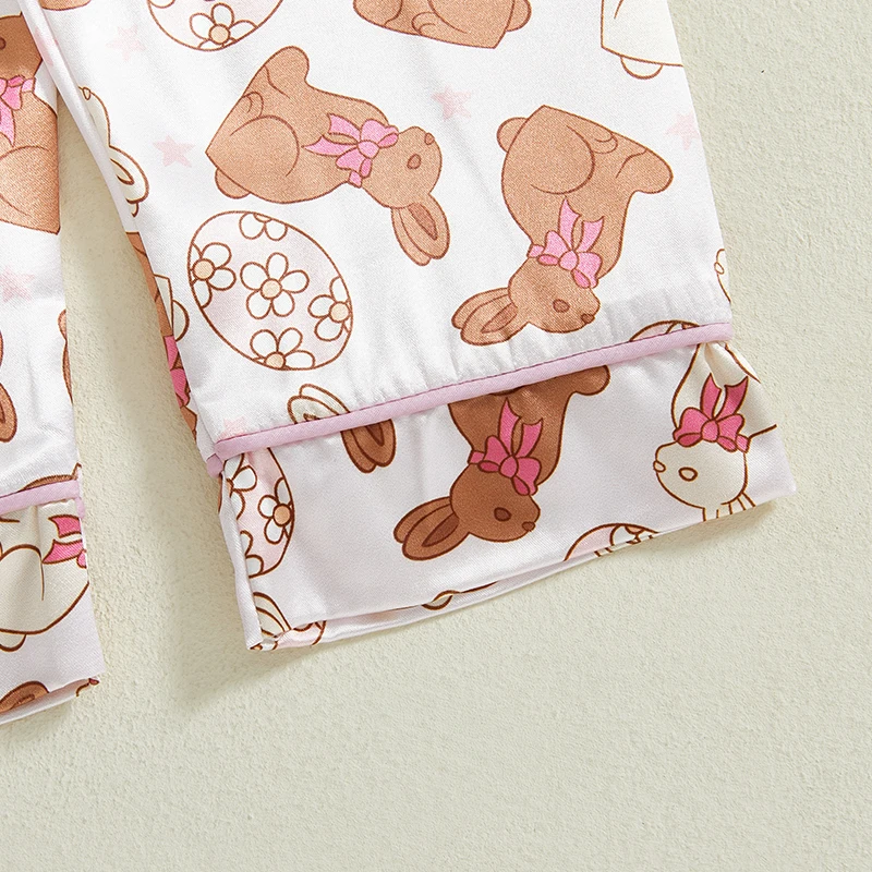 Toddler Girl Easter Satin Pajama Set with Bunny and Carrot Print Long Sleeve Button-up Tops and Pants Sleepwear Outfit 2 Piece