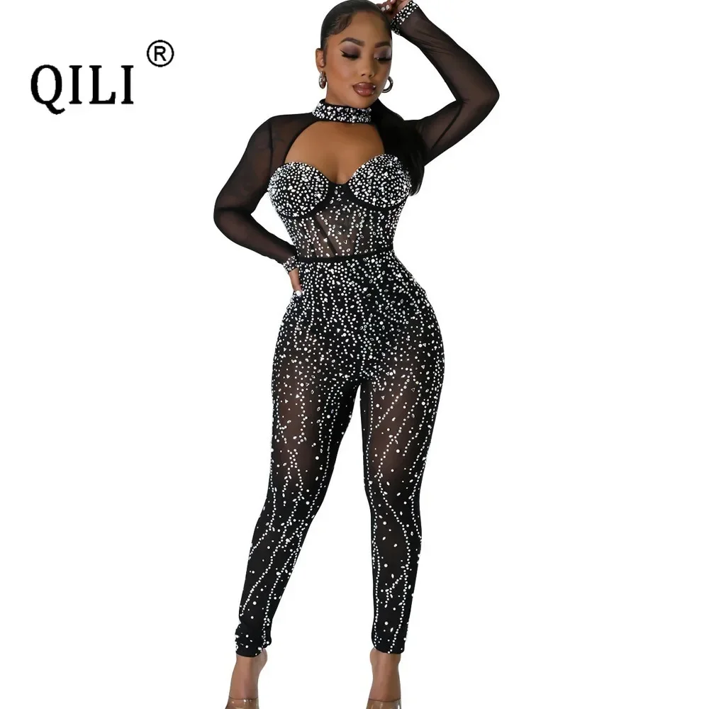

QILI-Женский монохромный сетчатый комбинезон со стразами, брюки с длинными рукавами, мода Европы и США