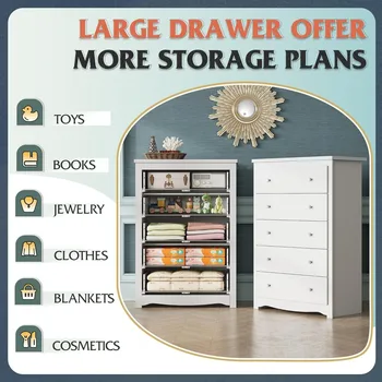White Wood Dresser with 5 Drawer, Cabinets Dressers Wood Dresser Cabinet, Organizer Drawers for Bedroom, Living, Hallway, Measu 5