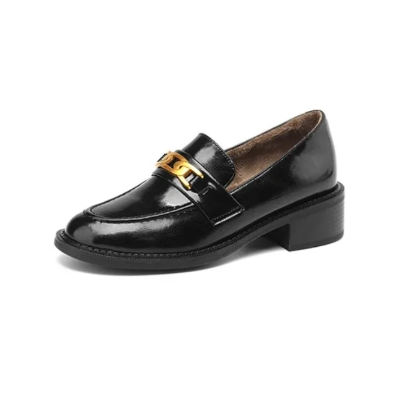 Autumn Winter Metal Chains Sneakers Women Med Heel Leather Flats Oxfords Women's Flat Shoes Round Toe Loafers Shoes Female