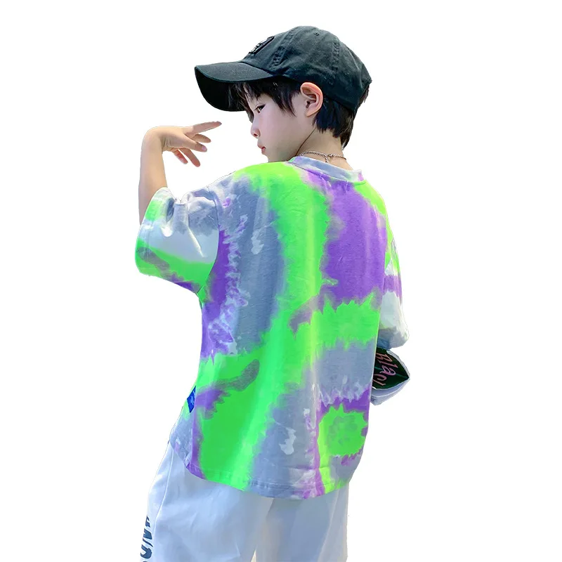 New Summer Fashion Boys T-shirts Tie-Dye Korean Short Sleeve Streetwear Boys Clothes Tshirt Top Tees Size 4 5 7 9 11 13 14Years
