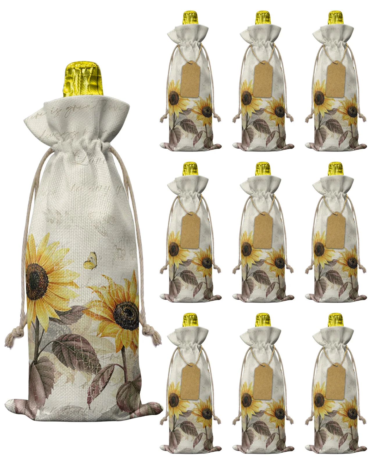 

Винтажные Цветы, бабочки, Желтые Подсолнухи, сумка для винных бутылок со шнурком, праздничный декоративный чехол для винных бутылок, подарок, 10 шт.