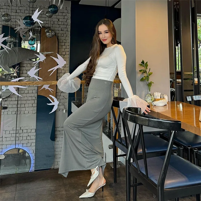 Mesh Ruffled Patchwork T-shirt Top For Women Long Sleeve High Waist Cropped Top Pullover Streetwear Female Slim Y2k Top